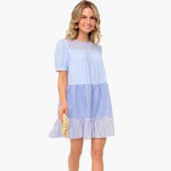 English Factory Dresses & Skirts - Tuckernuck English Factory Quinn Blue Striped Short Sleeve Tiered Dress M